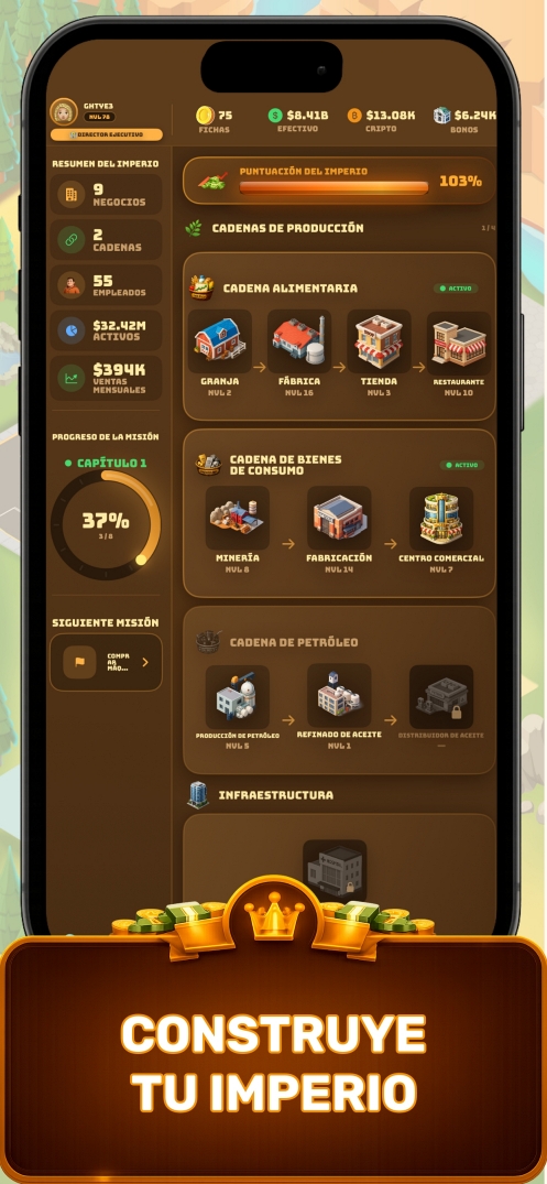 Pantalla de resumen del juego Business Empire Manager — construye tu Business Empire, sigue las cadenas de producción e inversiones en este simulador de tycoon empresarial