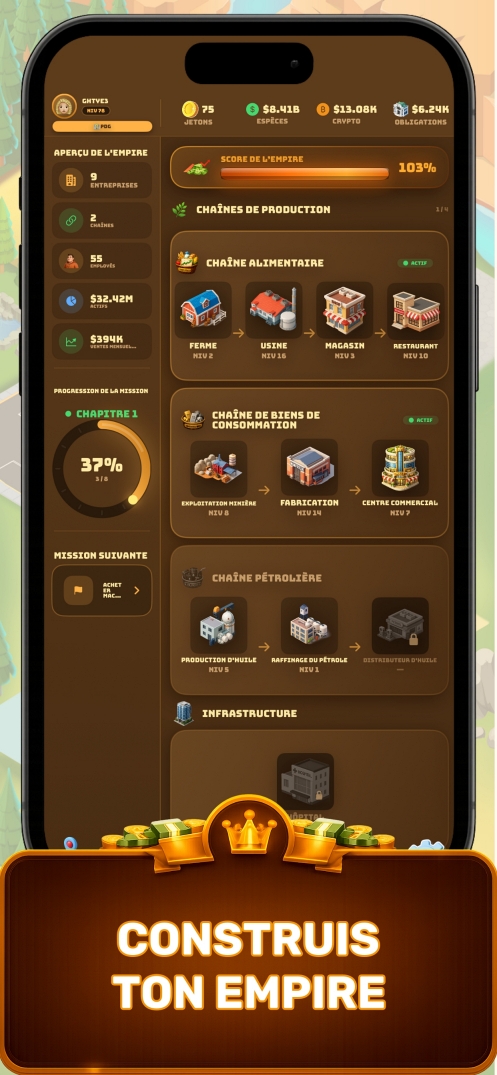 Écran d'aperçu du jeu Business Empire Manager — construisez votre empire économique, suivez les chaînes de production et les investissements dans ce simulateur de tycoon d'entreprise