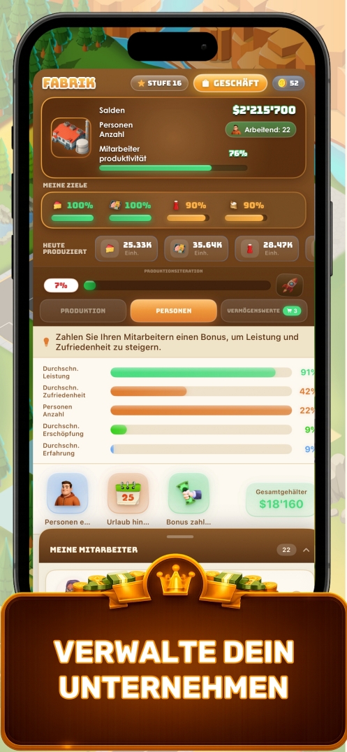 Verwalte dein Unternehmen — Unternehmensmanagement-Spiel Belegschaftsbildschirm zeigt Mitarbeiterleistungsverfolgung, Zufriedenheit und Erfahrung in Business Empire Manager