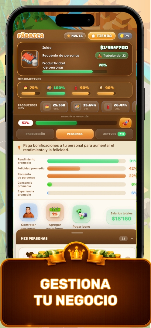 Gestiona Tu Empresa — pantalla de plantilla del juego de gestión empresarial que muestra el seguimiento del rendimiento de los empleados, la felicidad y la experiencia en Business Empire Manager