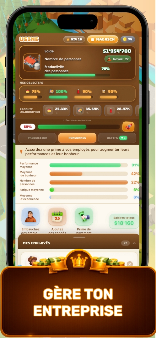 Gérez Votre Entreprise — écran de gestion des effectifs dans le jeu de gestion d'entreprise affichant le suivi des performances, la satisfaction et l'expérience des employés dans Business Empire Manager