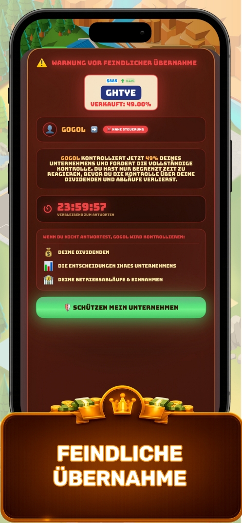 Business Empire Manager feindliche Übernahme-Warnung — Business-Tycoon-Spiel zeigt Unternehmensübernahme-Mechanik und Rivalen-Übernahme-Benachrichtigung