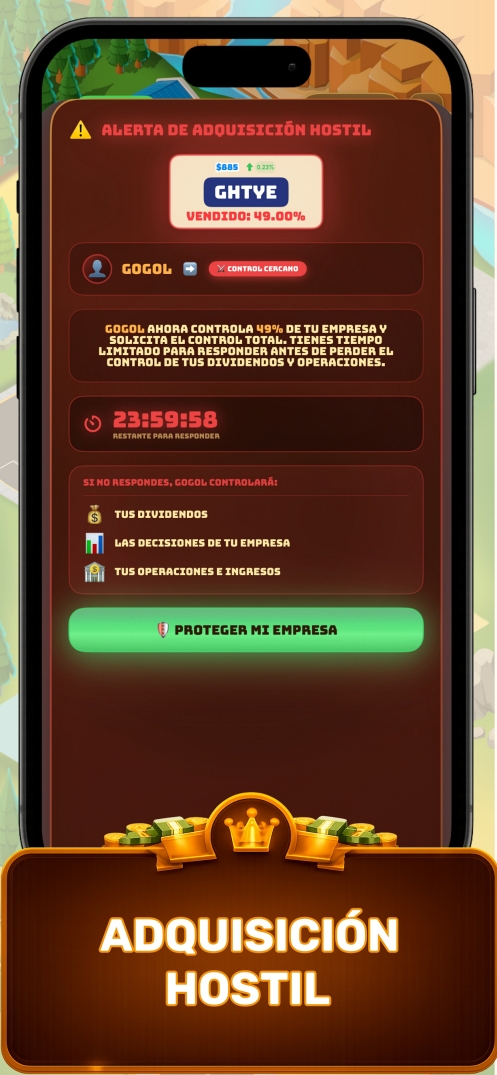 Alerta de adquisición hostil en Business Empire Manager — juego de tycoon empresarial que muestra las mecánicas de adquisición de empresas y la notificación de toma de control de un rival