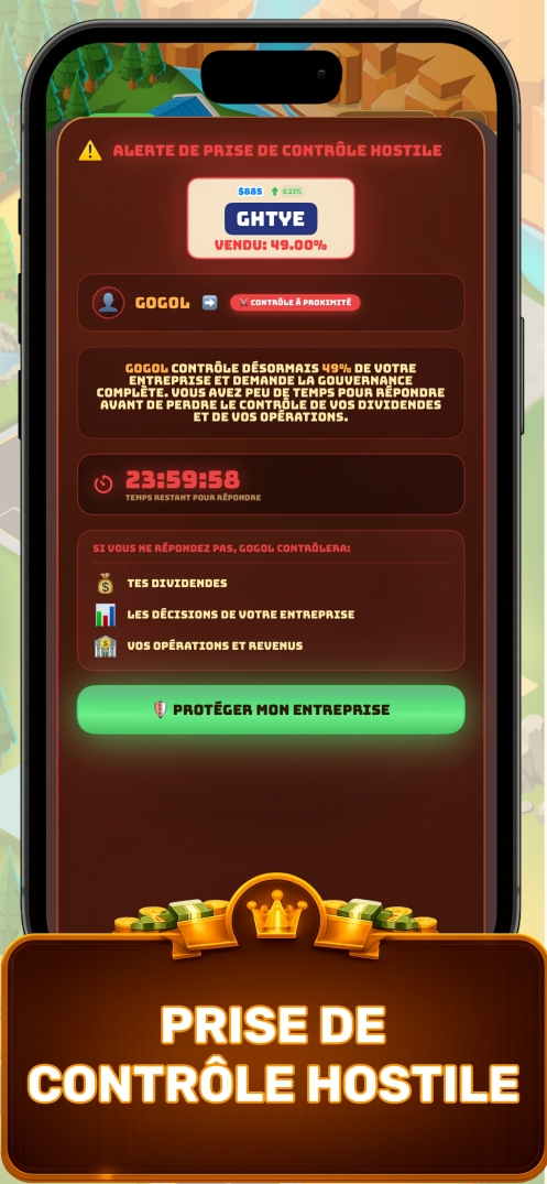 Alerte d'OPA hostile dans Business Empire Manager — jeu de tycoon affichant les mécaniques d'acquisition d'entreprise et la notification de prise de contrôle rivale