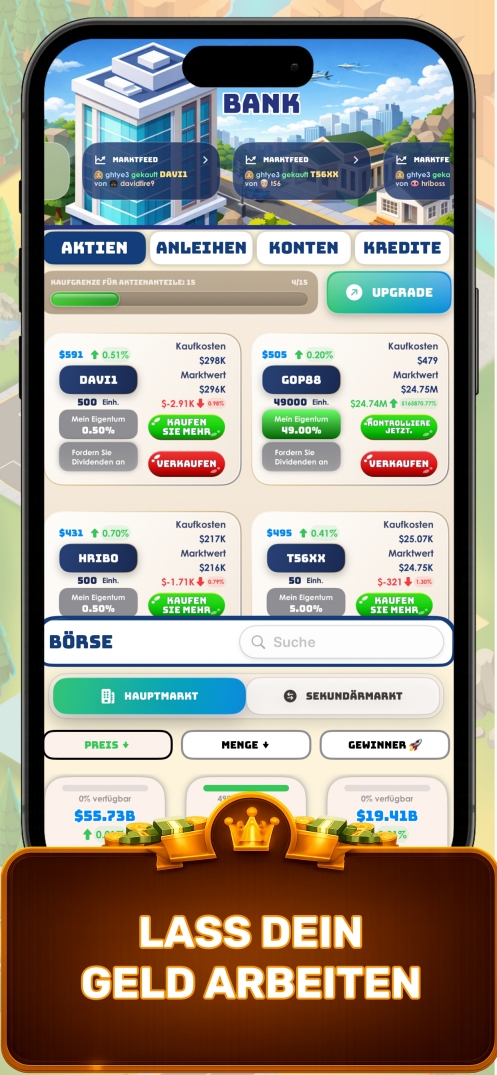 Lass dein Geld arbeiten — Business-Tycoon-Spiel Finanzportfolio-Bildschirm zeigt Aktien, Anleihen, Kryptowährung und Investitionsoptionen in Business Empire Manager