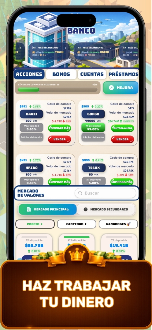 Haz Trabajar Tu Dinero — pantalla de cartera financiera del juego de tycoon empresarial que muestra acciones, bonos, criptomonedas y opciones de inversión en Business Empire Manager