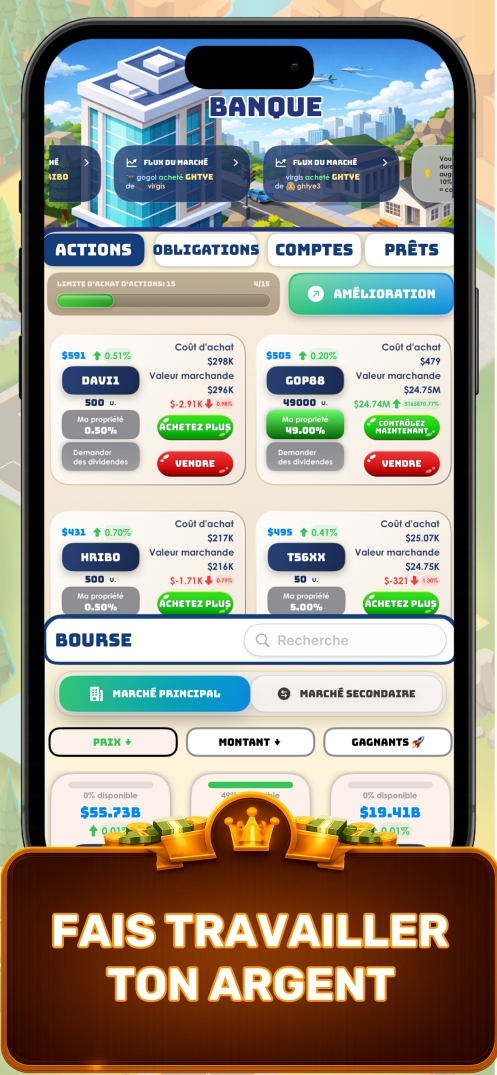 Faites Travailler Votre Argent — écran de portefeuille financier dans le jeu de tycoon affichant actions, obligations, cryptomonnaies et options d'investissement dans Business Empire Manager
