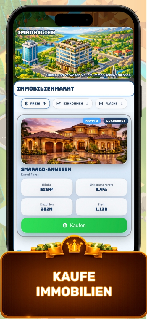 Kaufe Immobilien — Geschäftsmann Immobilieninvestitions-Bildschirm zeigt Luxusimmobilienportfolio und passive Einkommensgenerierung in Business Empire Manager