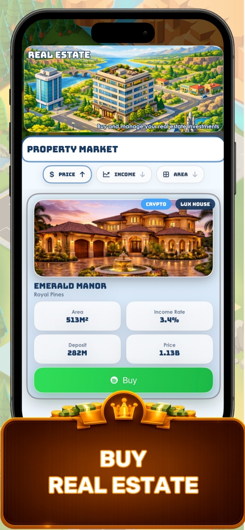 Buy Real Estate — businessman property investment screen showing luxury real estate portfolio and passive income generation in Business Empire Manager