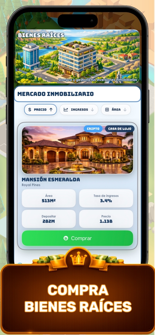 Compra Bienes Raíces — pantalla de inversión inmobiliaria del empresario que muestra la cartera de propiedades de lujo y la generación de ingresos pasivos en Business Empire Manager