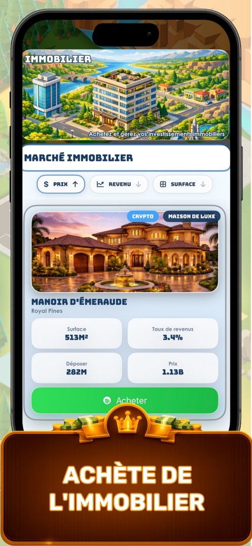 Achetez de l'Immobilier — écran d'investissement immobilier de l'homme d'affaires affichant un portefeuille d'immobilier de luxe et la génération de revenus passifs dans Business Empire Manager