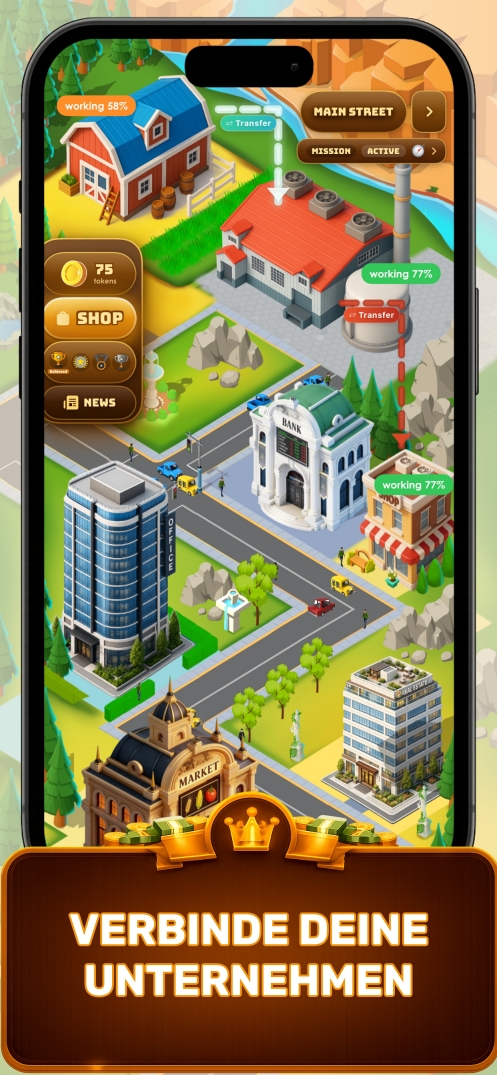 Verbinde deine Unternehmen — Firmensimulator Vogelperspektive zeigt drei vollständige Produktionsketten von der Farm über die Fabrik bis zum Laden in Business Empire Manager