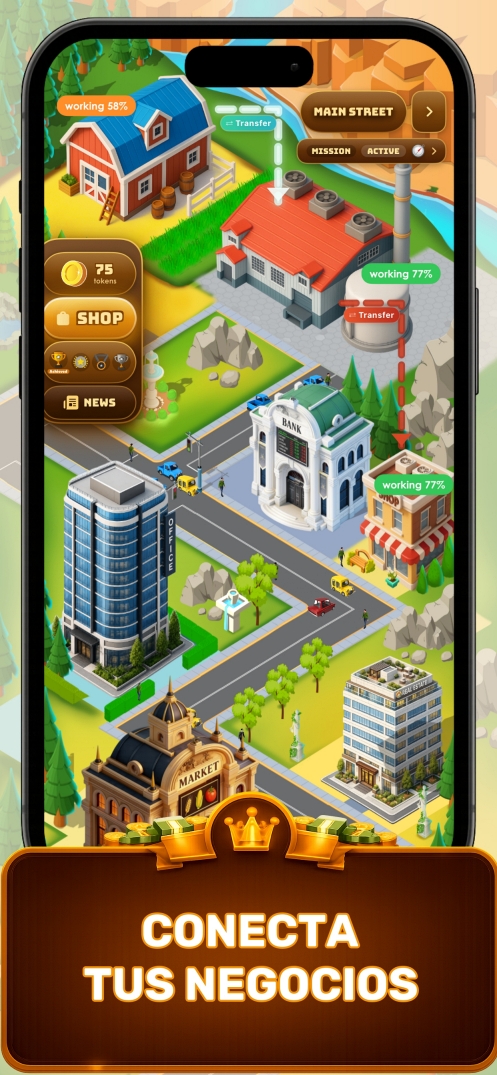 Conecta Tus Negocios — vista aérea del simulador de empresa que muestra tres cadenas de producción completas desde la granja hasta la fábrica y la tienda en Business Empire Manager